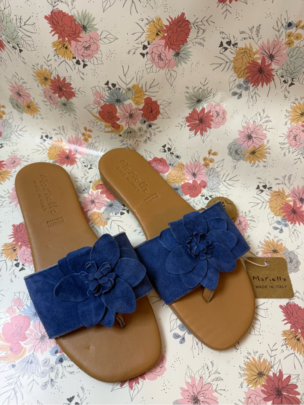 Mariella Blue Suede Floral Slide Sandals